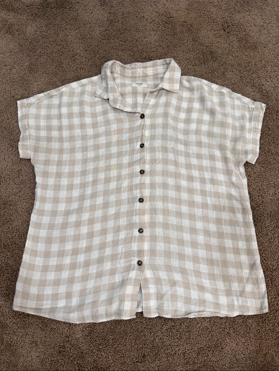 Marine Layer Tops - Marine Layer Beige and White Checked Linen Button-Up Blouse
